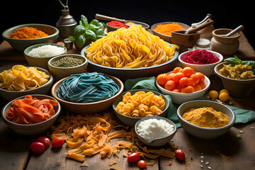 set of various Italian pasta, spaghetti and other products in plates on the table