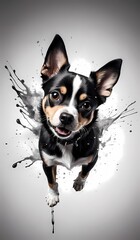 Dogs staring upward in various poses, splashing through paint with a white background. 