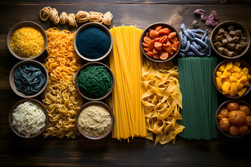 set of different types of Italian pasta, spaghetti and other products on a dark background