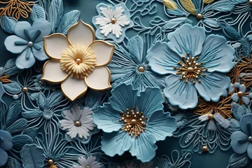 Zelfklevend Fotobehang 3d floral embroidery pattern in blue color © Tarun