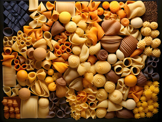 set of various Italian pasta, spaghetti. flour and food industry