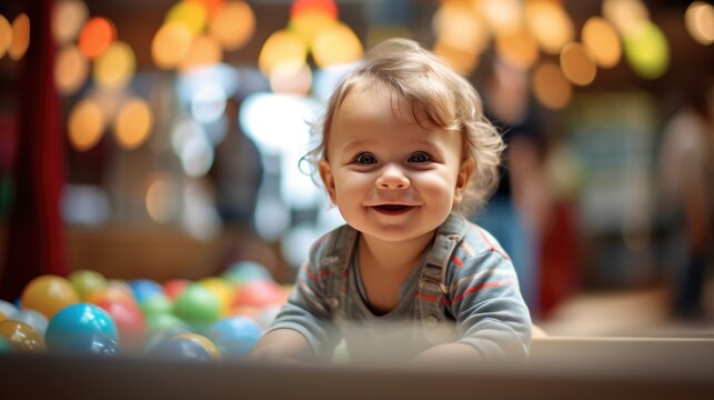 baby toddler playing colorful toys at home or nursery. Newborn baby smiling at camera at play center.