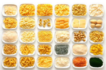 Fototapeta na wymiar set of different types of italian pasta and spaghetti on white background. top view