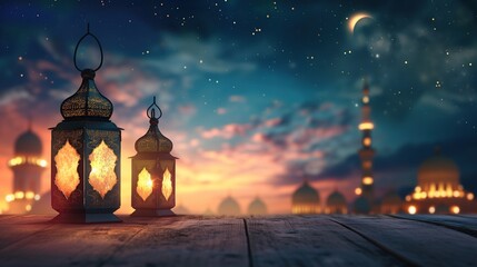 mosque at night blur backgrounds islamic with old lantern lamps