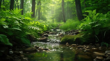 Fototapeta na wymiar nature background with lush greenery and a gentle stream
