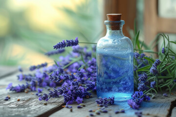 Obraz na płótnie Canvas A translucent blue bottle filled with lavender essence on an aged wooden table surrounded by scattered lavender flowers. Copy space