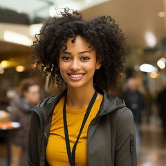 Retrato de mujer joven, morena, sonriendo con pelo rizado afroamericana vestida con ropa casual