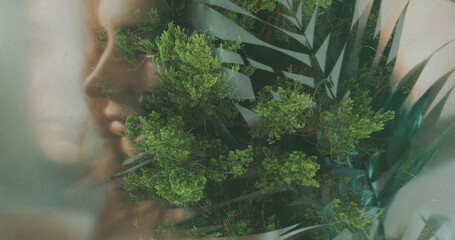 Nature portrait. Harmony tranquility. Double exposure blur beautiful woman face silhouette green...