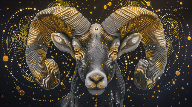 Zodiac Majesty: Aries Ram against a cosmic background