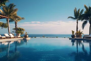 Naklejka premium Swimming pool in a beachside resort with palm trees