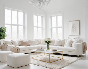 Trendy white living room with white modern decoration, simple home decor.