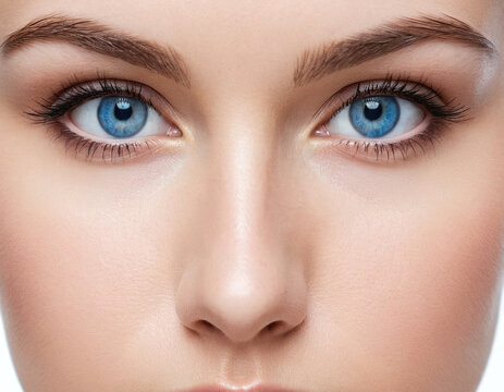 close up on woman's face with blue eye, advertising photography, minimalistic, isolated, plain white