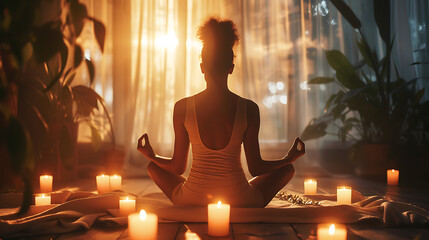Uma cena serena se desdobra enquanto uma figura se senta em um quarto ensolarado cercada por cobertores macios e velas tremeluzentes