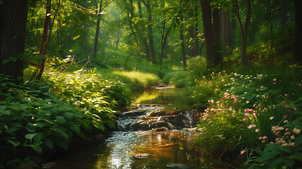 Fototapeta na wymiar Uma cena serena se desdobra conforme a luz suave do sol se filtra pela exuberante folhagem verde de uma floresta tranquila