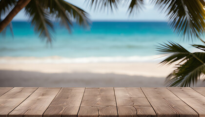 Fototapeta premium Empty wooden planks with blur beach on background, can be used for product placement, palm leaves on foreground