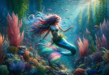 Fototapeta na wymiar a mermaid swimming gracefully among an underwater forest of seaweed and coral