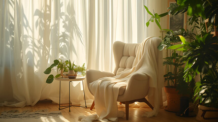 Um quarto espaçoso e sereno com luz natural suave filtrando através de cortinas translúcidas - obrazy, fototapety, plakaty