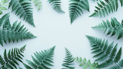 Fototapeta na wymiar Top view green fern leaves on white background, Flat lay Minimal