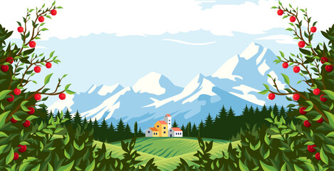 vector design of natural scenery in beautiful countryside, with plantation fields and clear skies