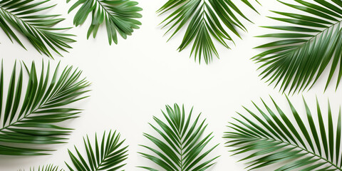 Top view tropical plants and palm tree leaves on white background, Flat lay Minimal fashion summer holiday vacation concept - obrazy, fototapety, plakaty