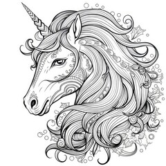 Cute cartoon unicorn with a luxurious mane in flowers, coloring book.