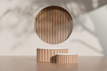 Minimal abstract wood podiums block with vertical wood pattern background for product presentation with empty stage nature, organic, spa, health, cosmetic, beauty, shadows of tree leaves. 3d render.