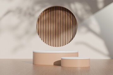 Minimal abstract wood podiums block with vertical wood pattern background for product presentation with empty stage nature, organic, spa, health, cosmetic, beauty, shadows of tree leaves. 3d render.