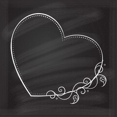 Floral decorative heart shape frame with ivy leaves decoration on a chalkboard background. Monogram, wedding invitation or greeting card template.
