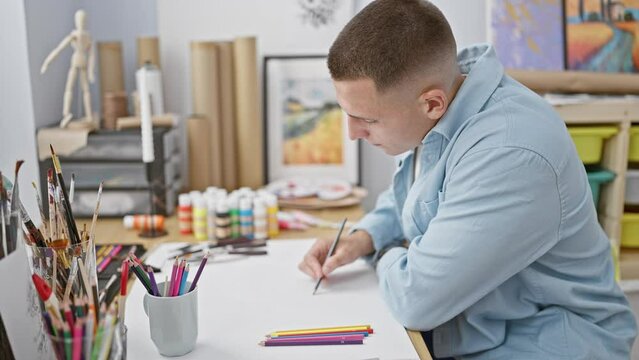 A focused young man drawing in a creative studio surrounded by art supplies