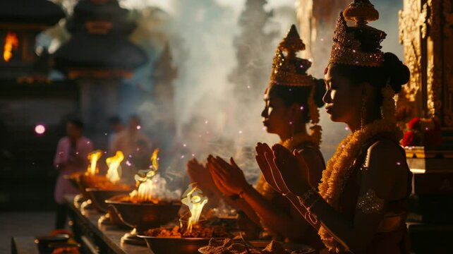 two women who offer fire and flowers to their god. seamless looping time-lapse virtual 4k video Animation Background.