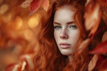 Attractive redhead woman symbolizing the autumn season Set against a harmonious background Creating a thematic and visually appealing portrait