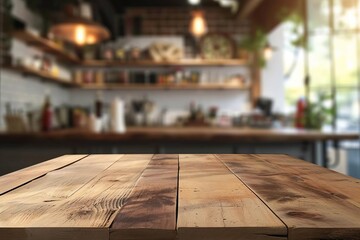 Blurred kitchen interior serving as a background With a wooden table in the foreground providing a perfect setup for product display