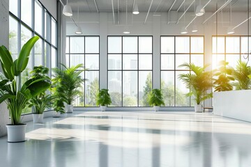 Bright and clean office environment with an abstract background Featuring green plants and large windows Ideal for creating a productive and inviting workspace