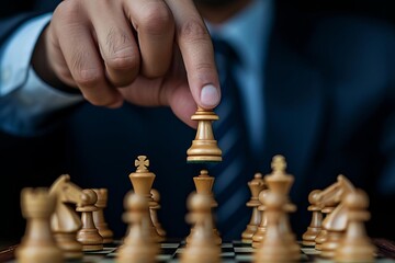 Businessman strategically moving a chess piece during a game Representing strategic thinking Planning And decision-making in a competitive environment