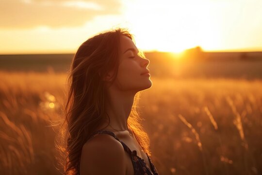 Backlit portrait of a serene and content woman enjoying a beautiful moment in life Standing in a field at sunset Embodying freedom and happiness