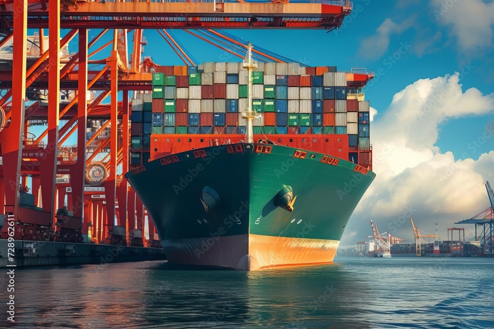 Poster container ship at the harbor loaded with boxes signifying the bustling activity of global trade and 