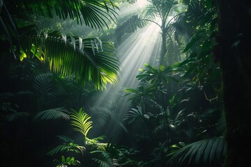 Dark and mysterious rainforest With rays of sunlight piercing through the dense tree canopy Creating a rich and atmospheric jungle scene