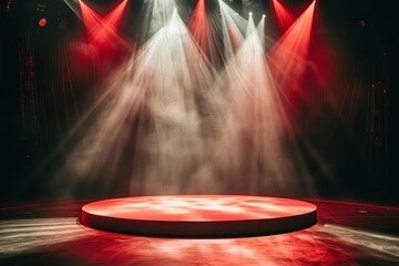 Empty stage of a theater Illuminated by spotlights before a performance Featuring a red round podium and a bright background Creating an atmosphere of anticipation and excitement