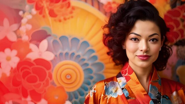 An Asian woman dressed in an ornate kimono stands against a bright modern mural. The mural includes a colorful backdrop with abstract shapes that evoke thoughts of traditional Asian