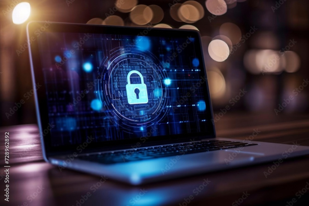 Aufkleber laptop with a screen lock symbolizing concepts of cyber security data protection and the importance 
