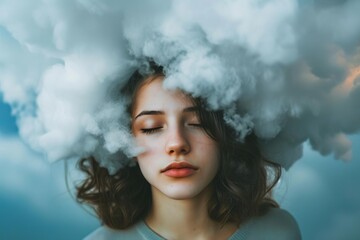 Portrait of a young woman Lost in thoughts with her head in the clouds Representing concepts of dreaminess Loneliness Or mental health awareness