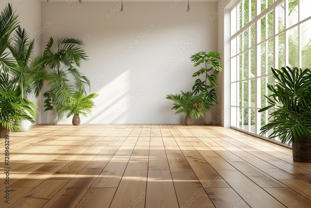 Poster spacious empty room with a minimalist design featuring a wooden floor and tastefully placed green pl