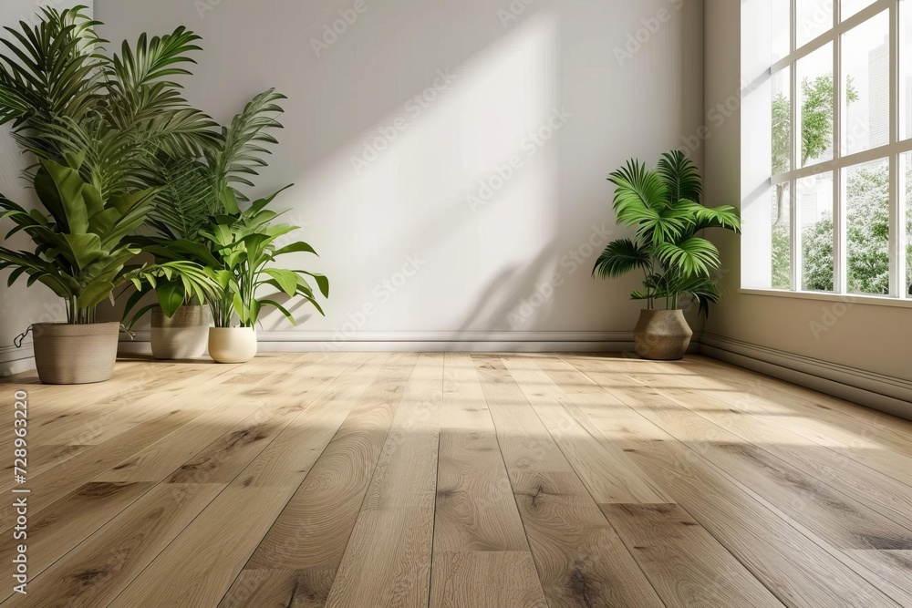 Poster spacious empty room with a minimalist design featuring a wooden floor and tastefully placed green pl