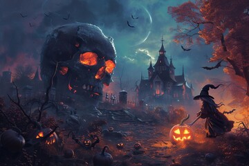 Spooky halloween season scene featuring a monstrous skull Crossbones A witch with a pumpkin Set against a chilling october night backdrop