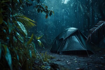 Tranquil camping scene depicting raindrops on a tent amidst a quiet Tropical forest at night Perfect for themes of relaxation Meditation And peacefulness - obrazy, fototapety, plakaty