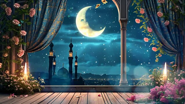 night scene with flowers and candles and a beautiful view of the mosque, seamless looping 4k resolution, animated video background