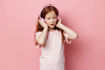 Song sound entertainment cute childhood music audio girl children small headphones little listen...