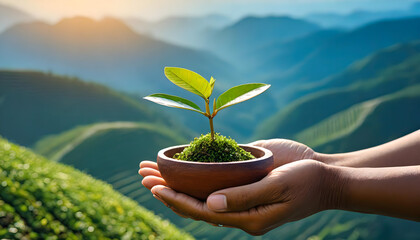 Hand Showcasing Tea Seedlings A Background of a Lush Tea Plantation