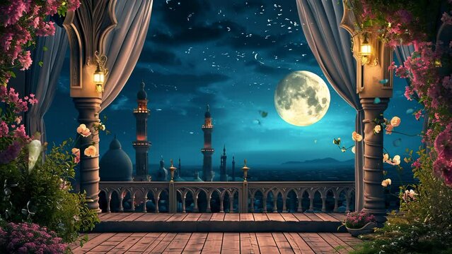 beautiful view of the mosque at night with stars and moon, seamless looping 4k resolution, animated video background