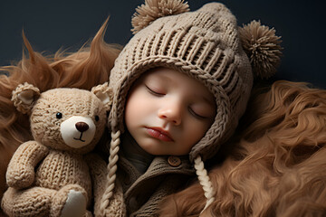 portrait of a sleeping little boy, wrapped in warm clothes. seasonal clothing